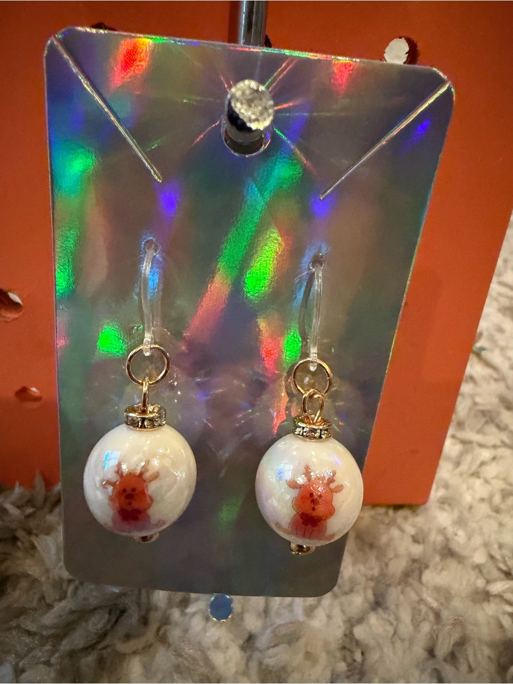 Gold and White Reindeer Drop Earrings - Festive Holiday Hypoallergenic Jewelry